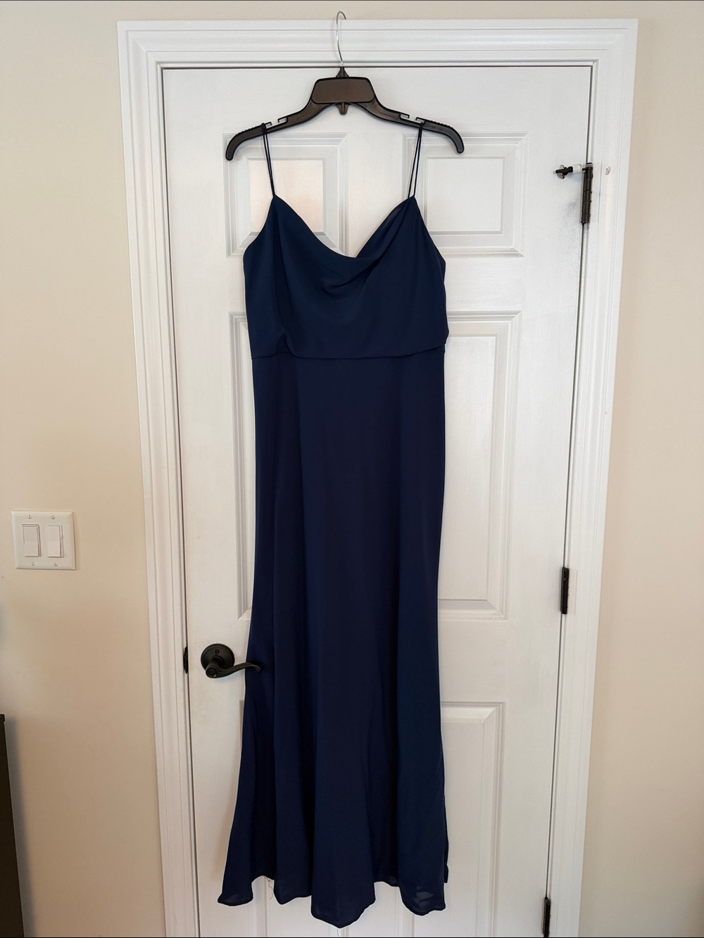 Navy Cowl Neck Spaghetti Strap Bridesmaid Dress